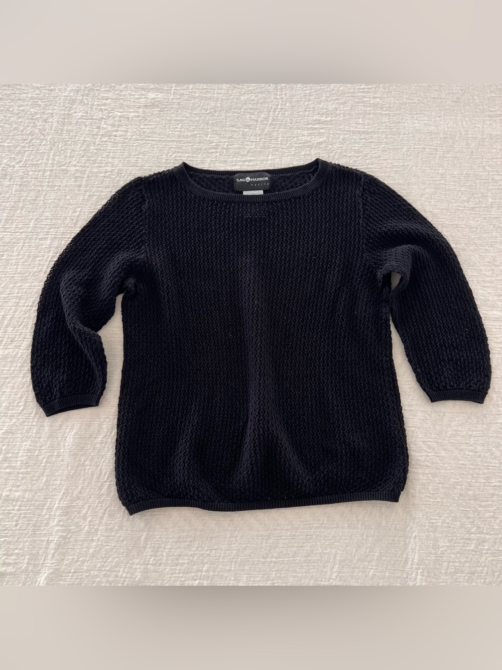 Sag Harbor Petite S Black Crewneck Textured Knit Sweater